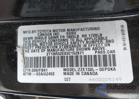 2003 Toyota Corolla Ce из США, поврежденный, VIN 2T1BR32E83C152871